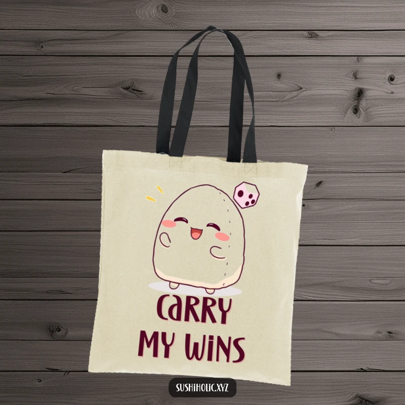 Funny tote bag featuring a smiling onigiri character tossing a small dice, representing luck and exciting game play.