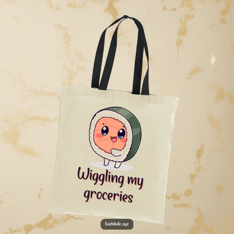 Funny tote bag, playful tuna sushi character happily wiggling its foot, practical and humorous food accessory.
