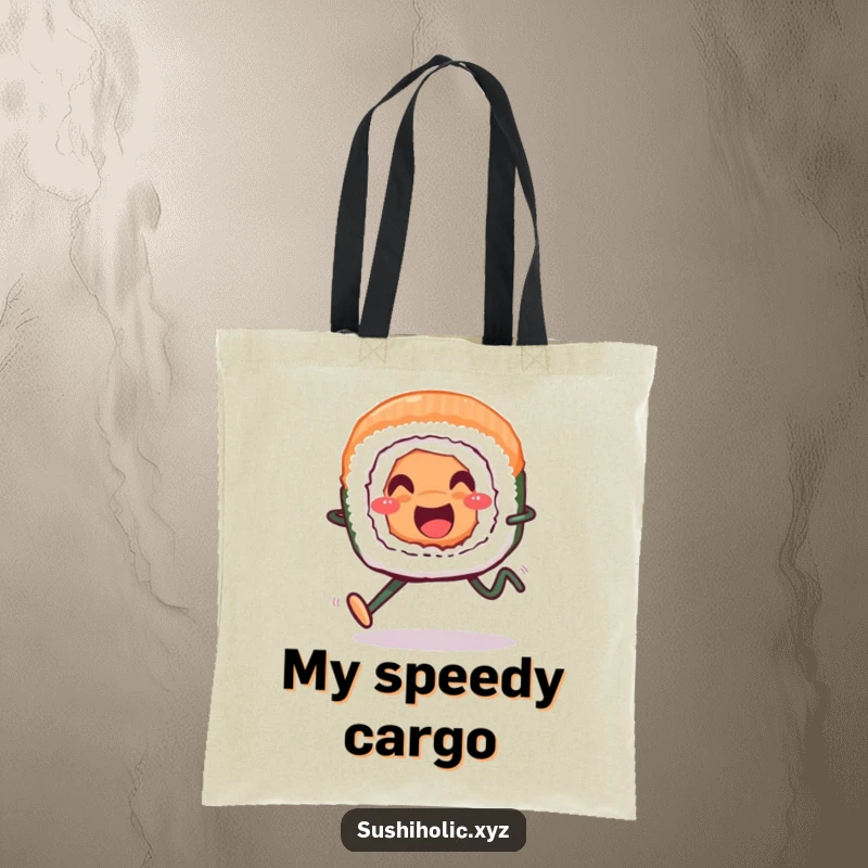 Funny tote bag, smiling sushi roll with legs running cheerfully, practical and humorous food accessory.